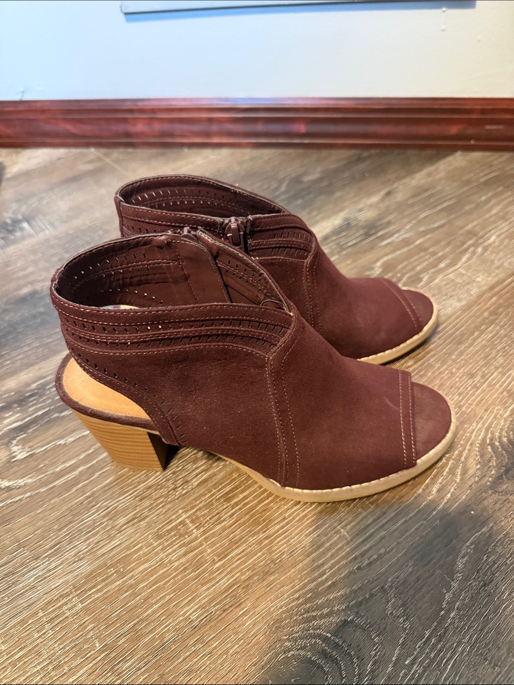 Open-Toe Suede Block Heel Booties in Burgundy